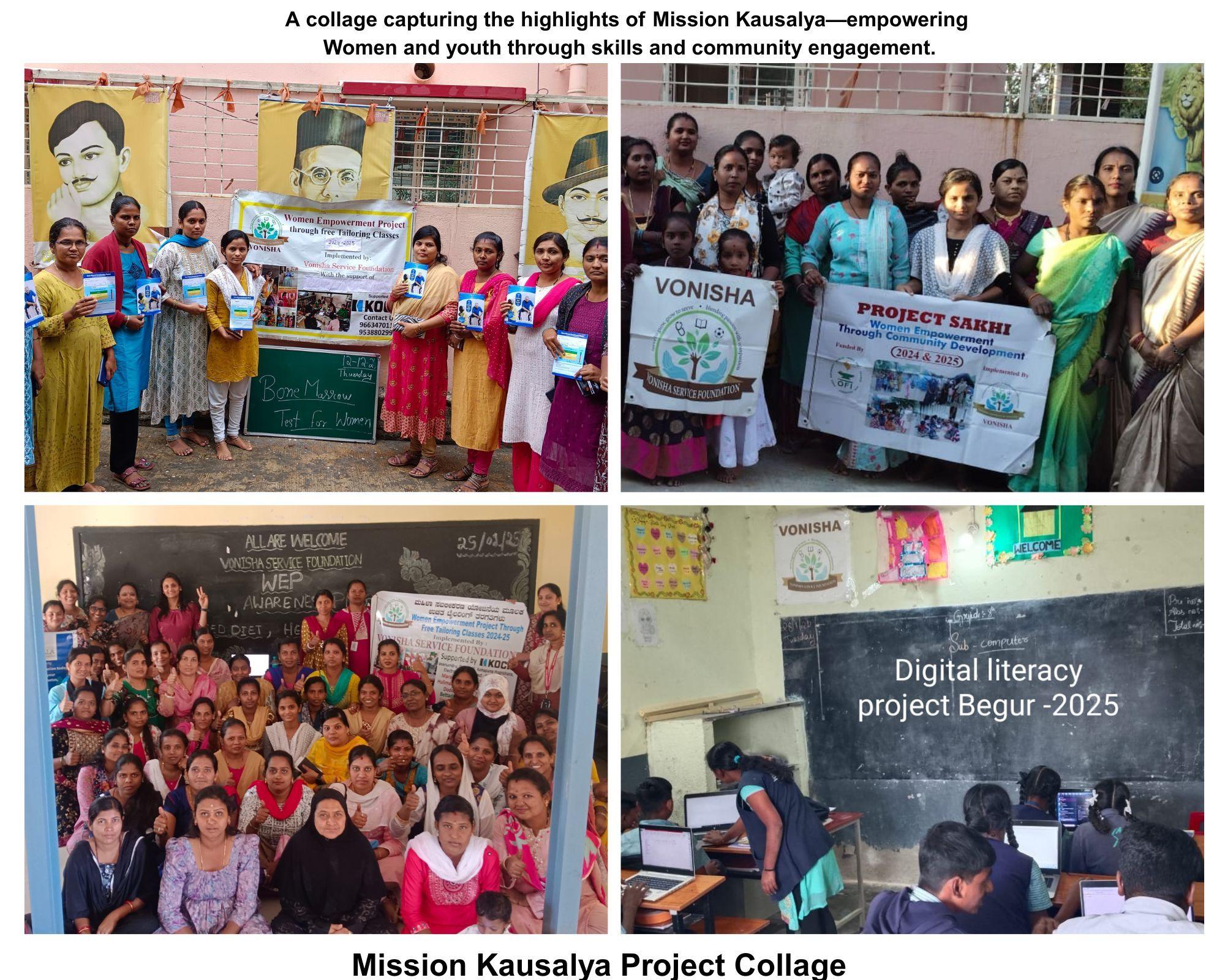 Collage of Mission Kousalya activities including tailoring, digital literacy, health awareness, and community events.