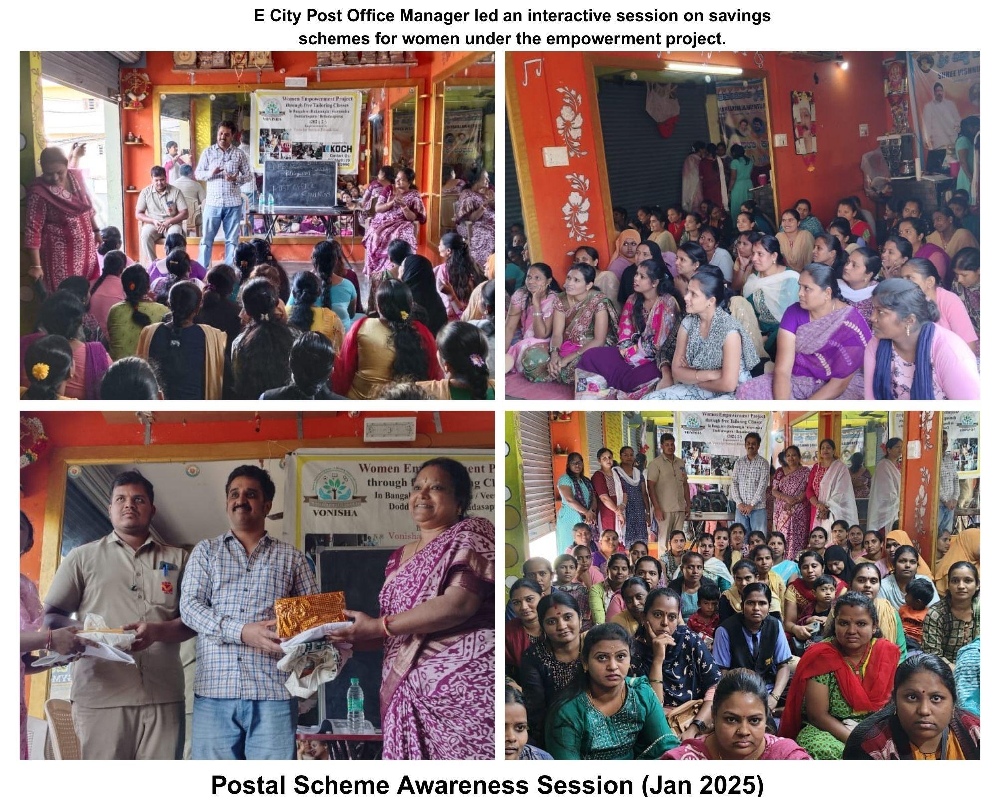 Women attending an awareness session on postal savings and financial schemes.