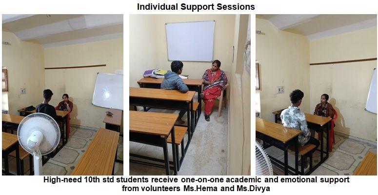 Volunteers mentoring 10th std students during personalized support sessions at Vonisha Service Foundation.