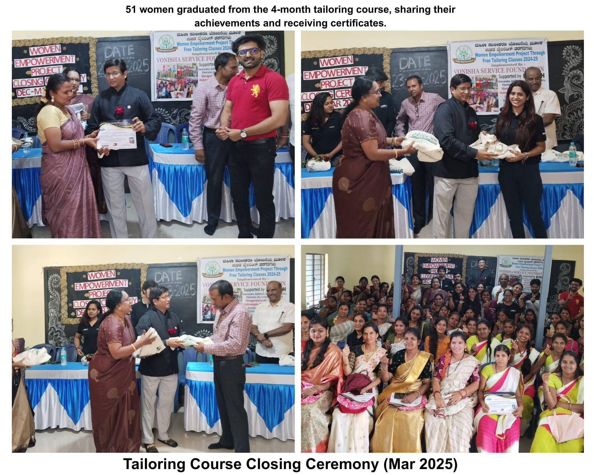 Group photo from tailoring graduation ceremony with students and guests.