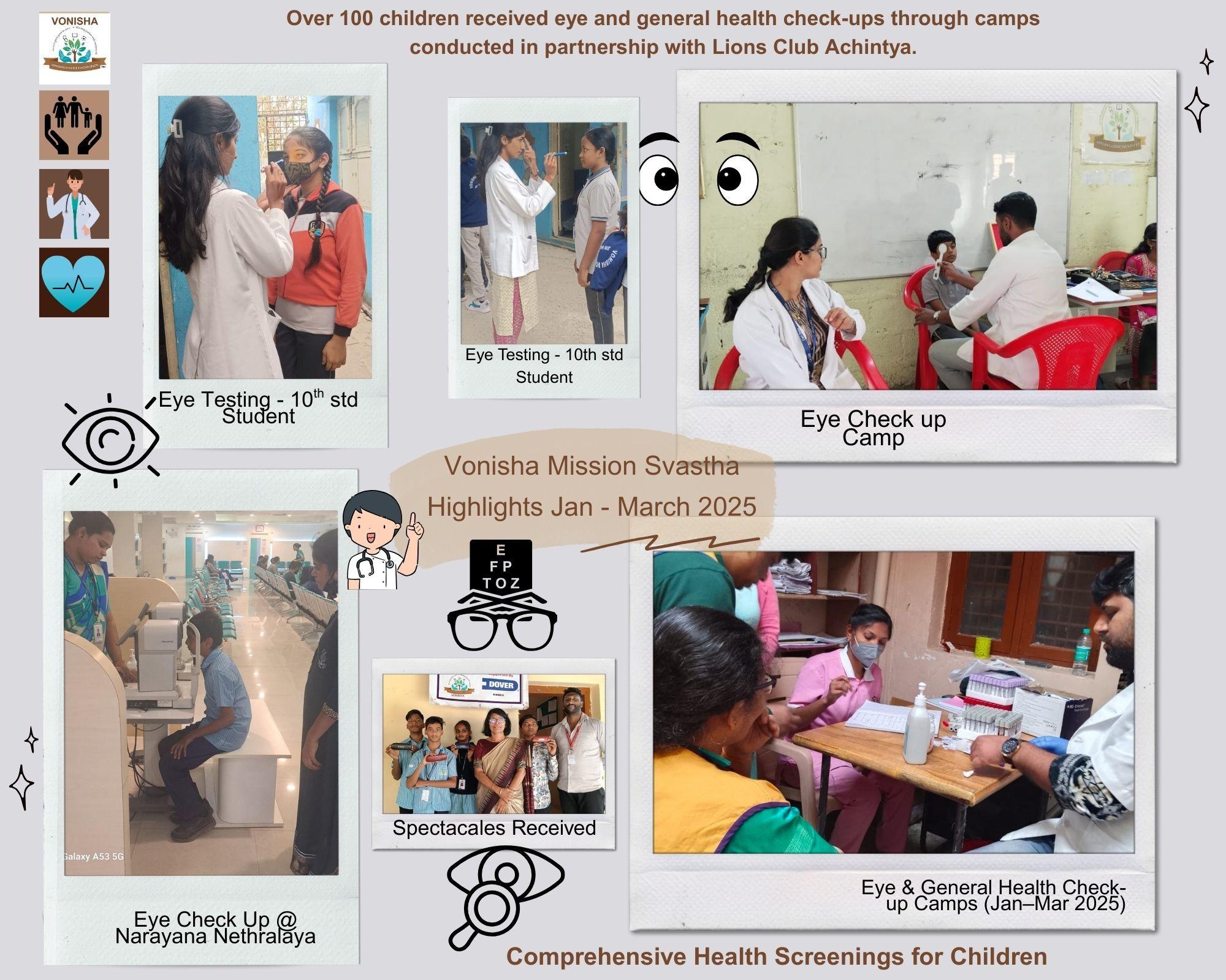 Children undergoing eye and health screenings at Vonisha health camp with Lions Club medical team.