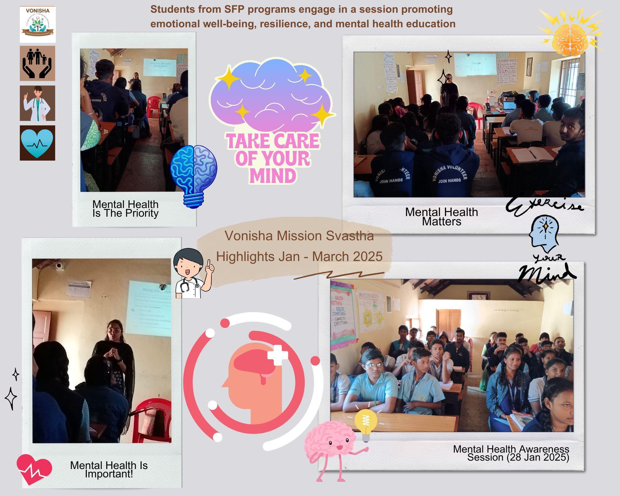 Students attending a Mental Health Awareness session at Akshaya Building as part of Vonisha’s Mission Svastha 2025.