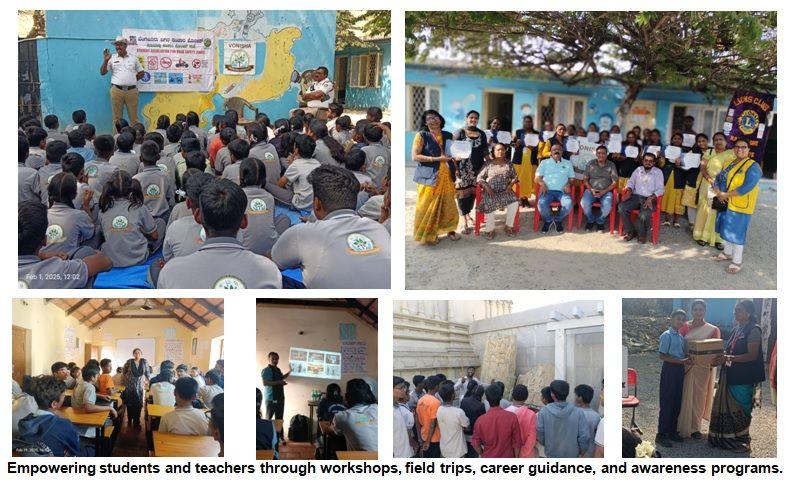 Collage showing Mission Shikshana activities including student workshops, teacher training, field trips, career sessions, and awareness events by Vonisha Foundation (Jan–Mar 2025).